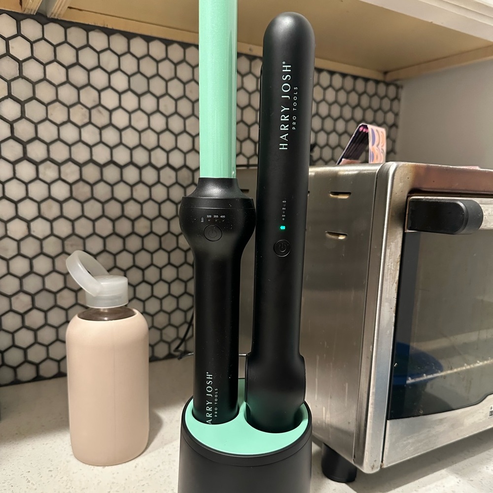 Harry Josh cordless flat iron, 1 inch curling iron, and charging base